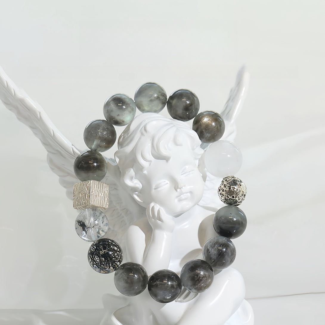 FanLin Designer Natural Vintage Mine Star Flash Black Aquamarine & White Phantom Quartz with Herkimer Diamond Bracelet-FanLin