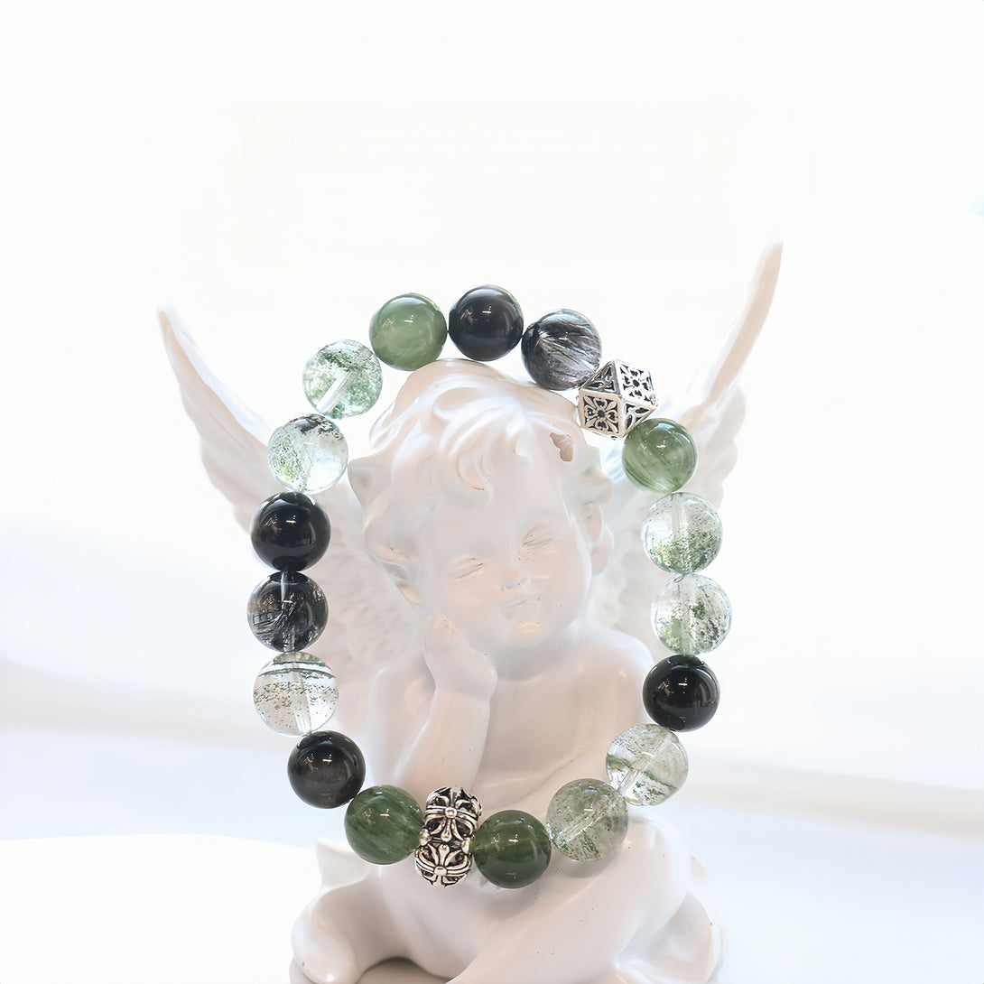 Designer Natural Black Tourmaline, Green Tourmaline & Silver Sheen Obsidian Bracelet-FanLin