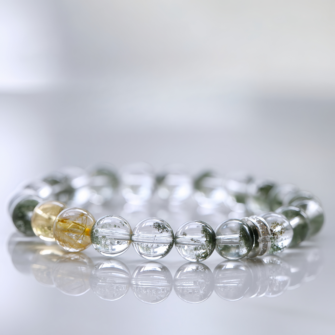 Designer Natural Green Phantom Quartz, Golden Rutilated Quartz & Citrine Bracelet-FanLin