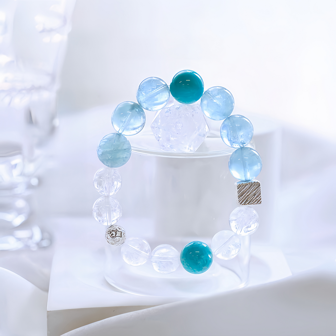 FanLin Designer Natural  Mozambican Amazonite, Azeztulite, Clear Quartz & Aquamarine Bracelet-FanLin