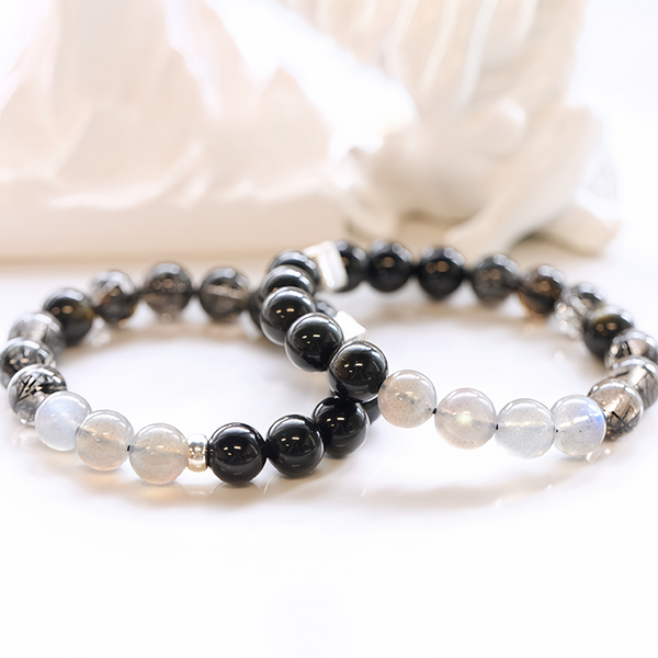 FanLin Couple's Collector-Grade Obsidian &amp; Black Rutilated Quartz Designer Bracelet-FanLin