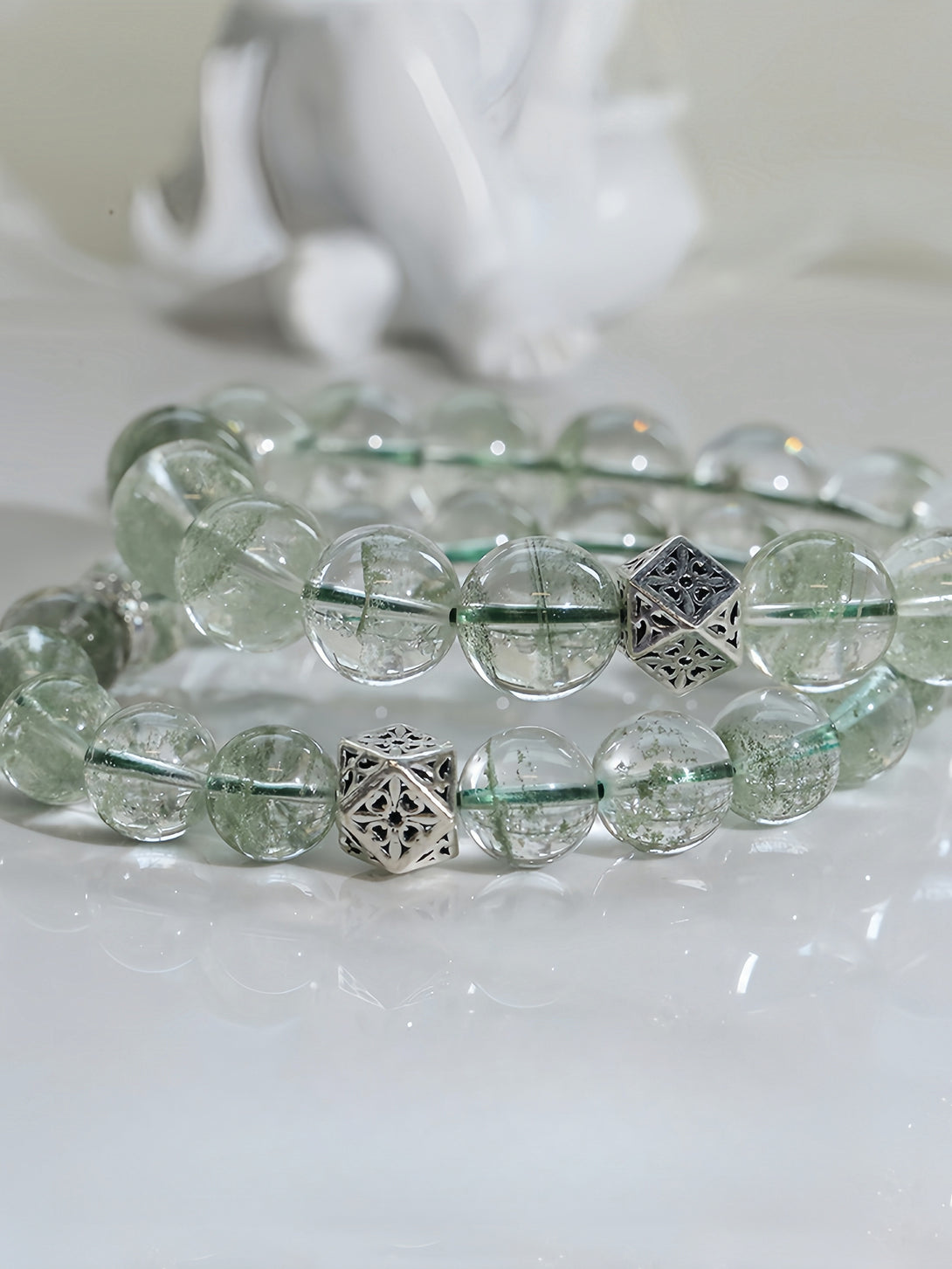 FanLin Designer Natural Brazilian Ice-Clear "Starry Sky" Green Phantom Quartz Couple's Bracelet-FanLin