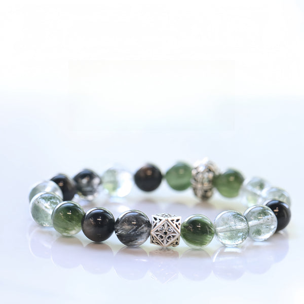 Designer Natural Black Tourmaline, Green Tourmaline & Silver Sheen Obsidian Bracelet-FanLin