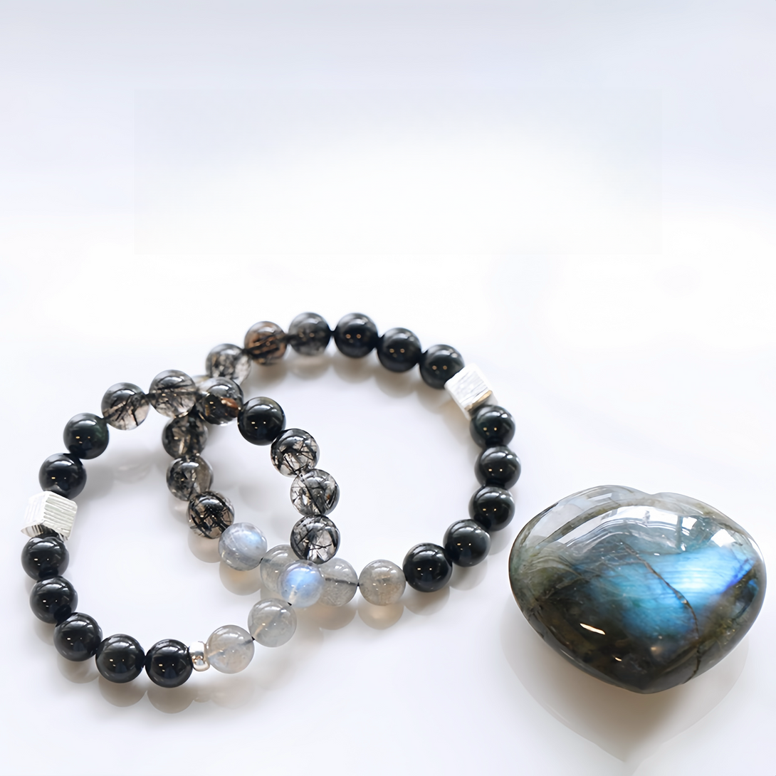 FanLin Couple's Collector-Grade Obsidian &amp; Black Rutilated Quartz Designer Bracelet-FanLin