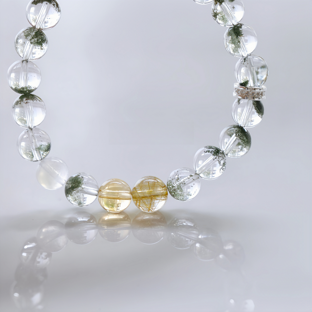 Designer Natural Green Phantom Quartz, Golden Rutilated Quartz & Citrine Bracelet-FanLin