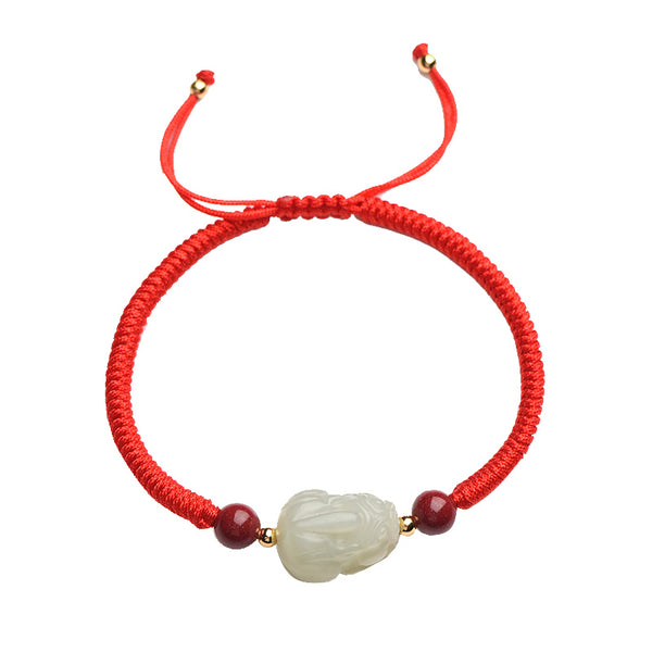 Hand - woven Red Rope with Hetian Jade Pixiu