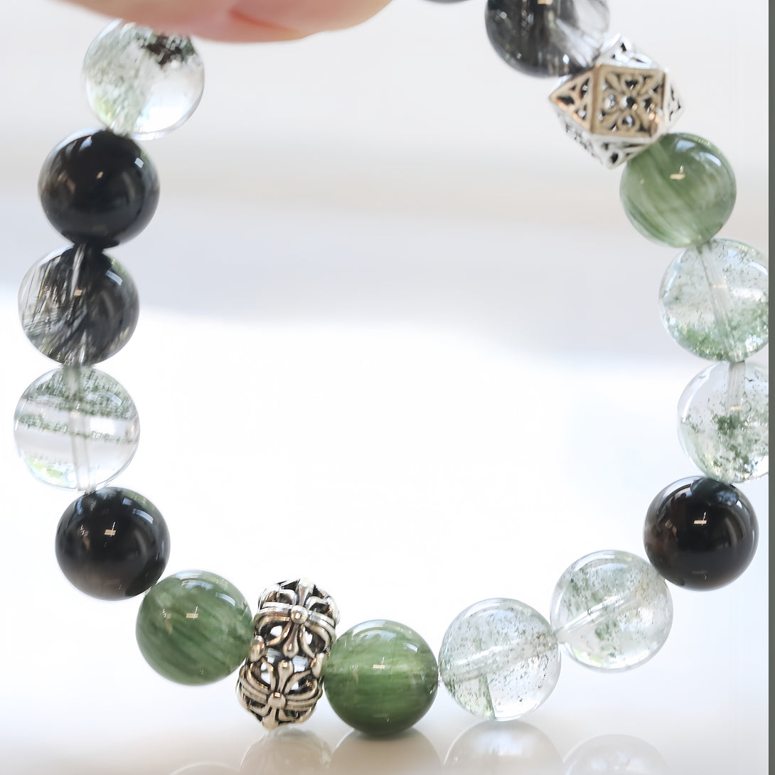 Designer Natural Black Tourmaline, Green Tourmaline & Silver Sheen Obsidian Bracelet-FanLin