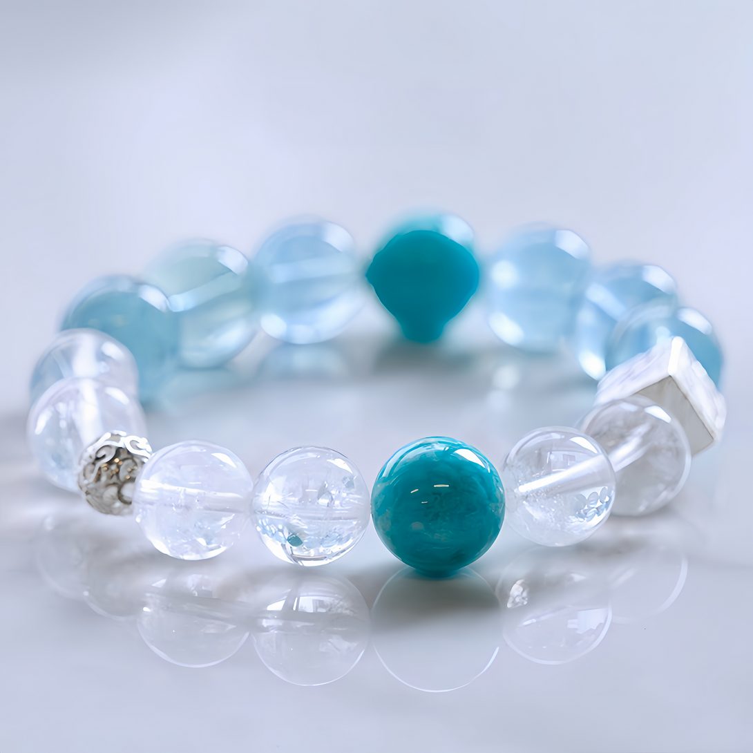 FanLin Designer Natural  Mozambican Amazonite, Azeztulite, Clear Quartz & Aquamarine Bracelet-FanLin