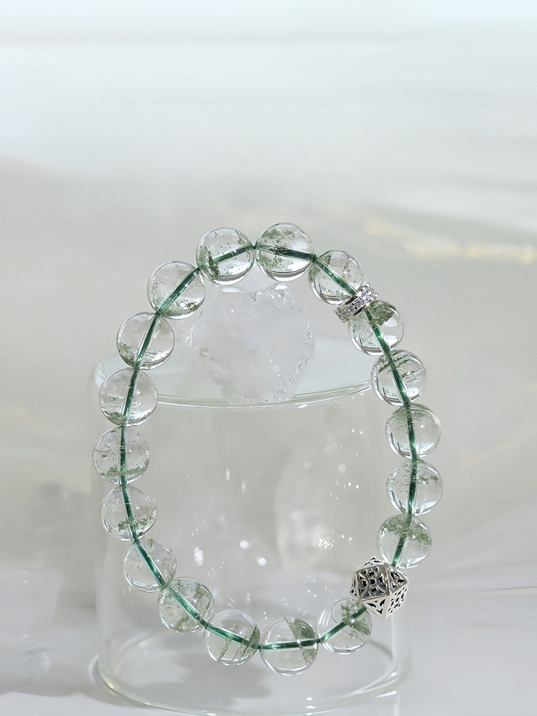 FanLin Designer Natural Brazilian Ice-Clear "Starry Sky" Green Phantom Quartz Couple's Bracelet-FanLin