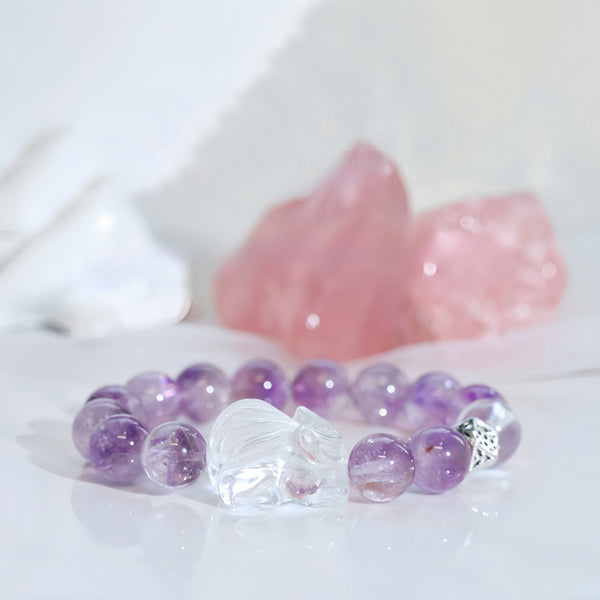 FanLin Designer Natural Clear Quartz &amp; Aurora Amethyst "Nine-Tailed Fox" Bracelet for the Year of Nine Purple Fire-FanLin