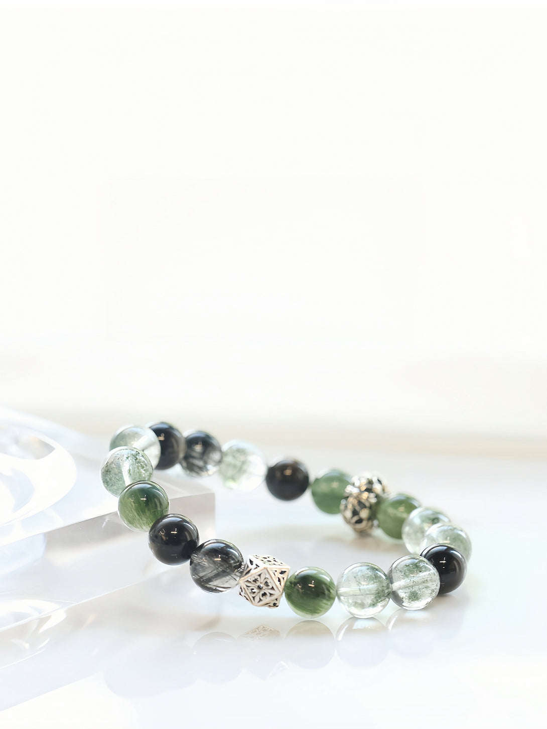 Designer Natural Black Tourmaline, Green Tourmaline & Silver Sheen Obsidian Bracelet-FanLin