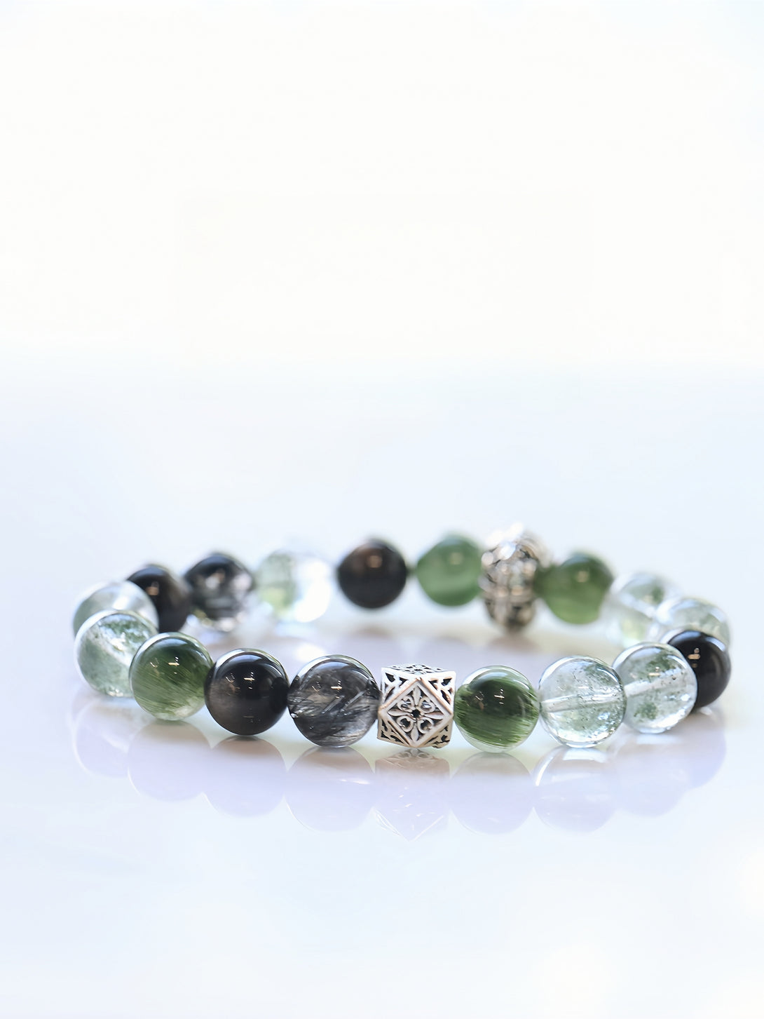 Designer Natural Black Tourmaline, Green Tourmaline & Silver Sheen Obsidian Bracelet-FanLin