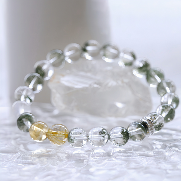 Designer Natural Green Phantom Quartz, Golden Rutilated Quartz & Citrine Bracelet-FanLin