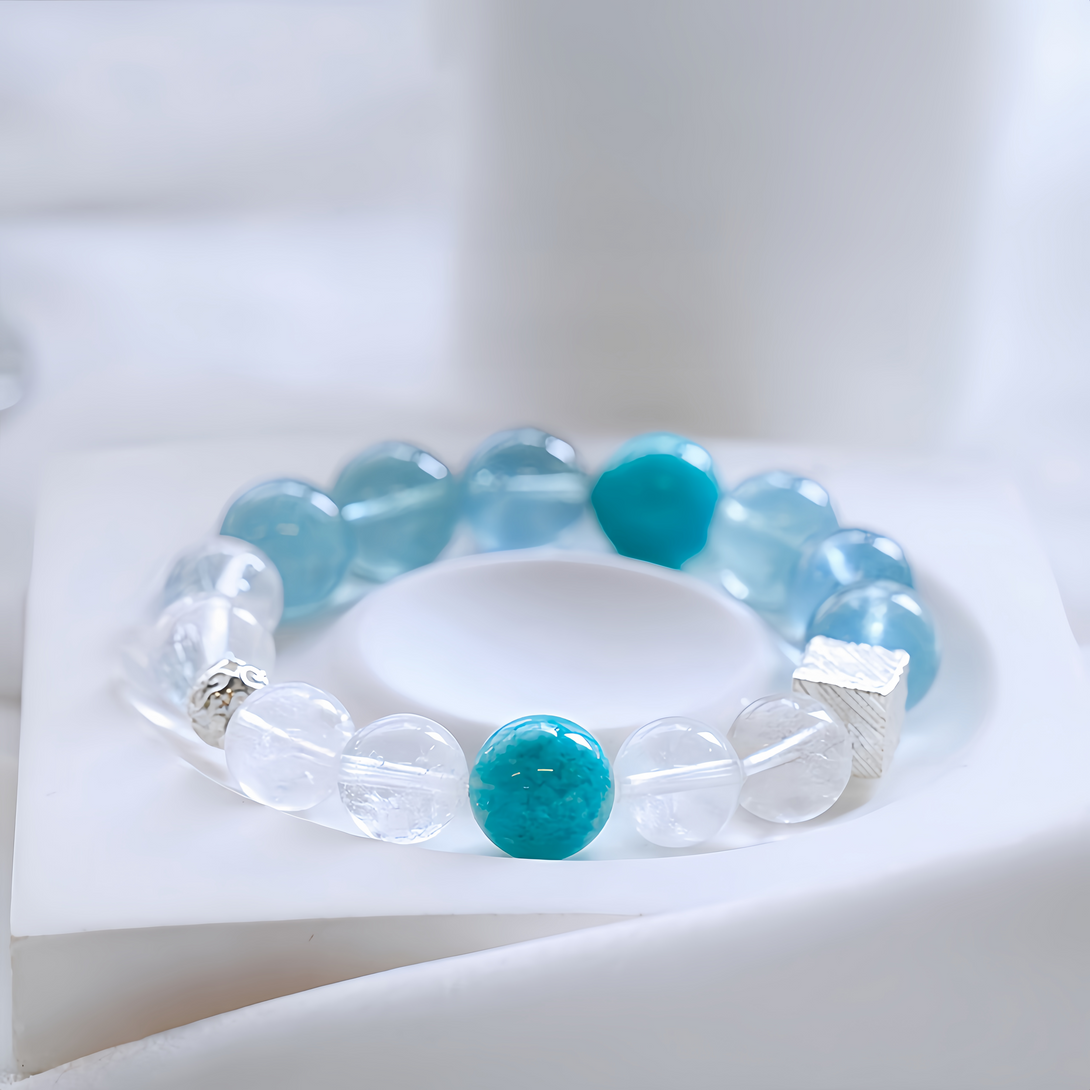 FanLin Designer Natural  Mozambican Amazonite, Azeztulite, Clear Quartz & Aquamarine Bracelet-FanLin