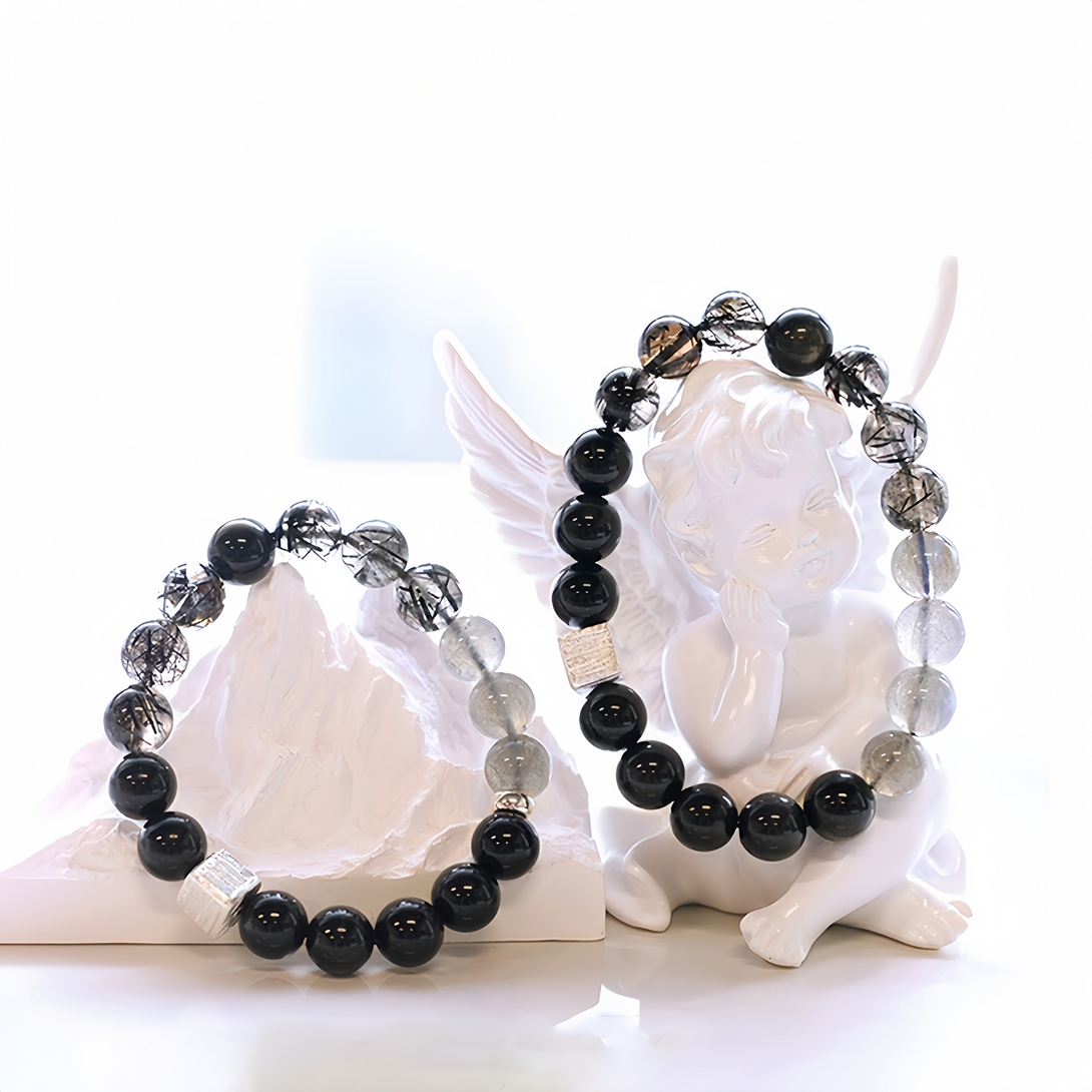 FanLin Couple's Collector-Grade Obsidian &amp; Black Rutilated Quartz Designer Bracelet-FanLin