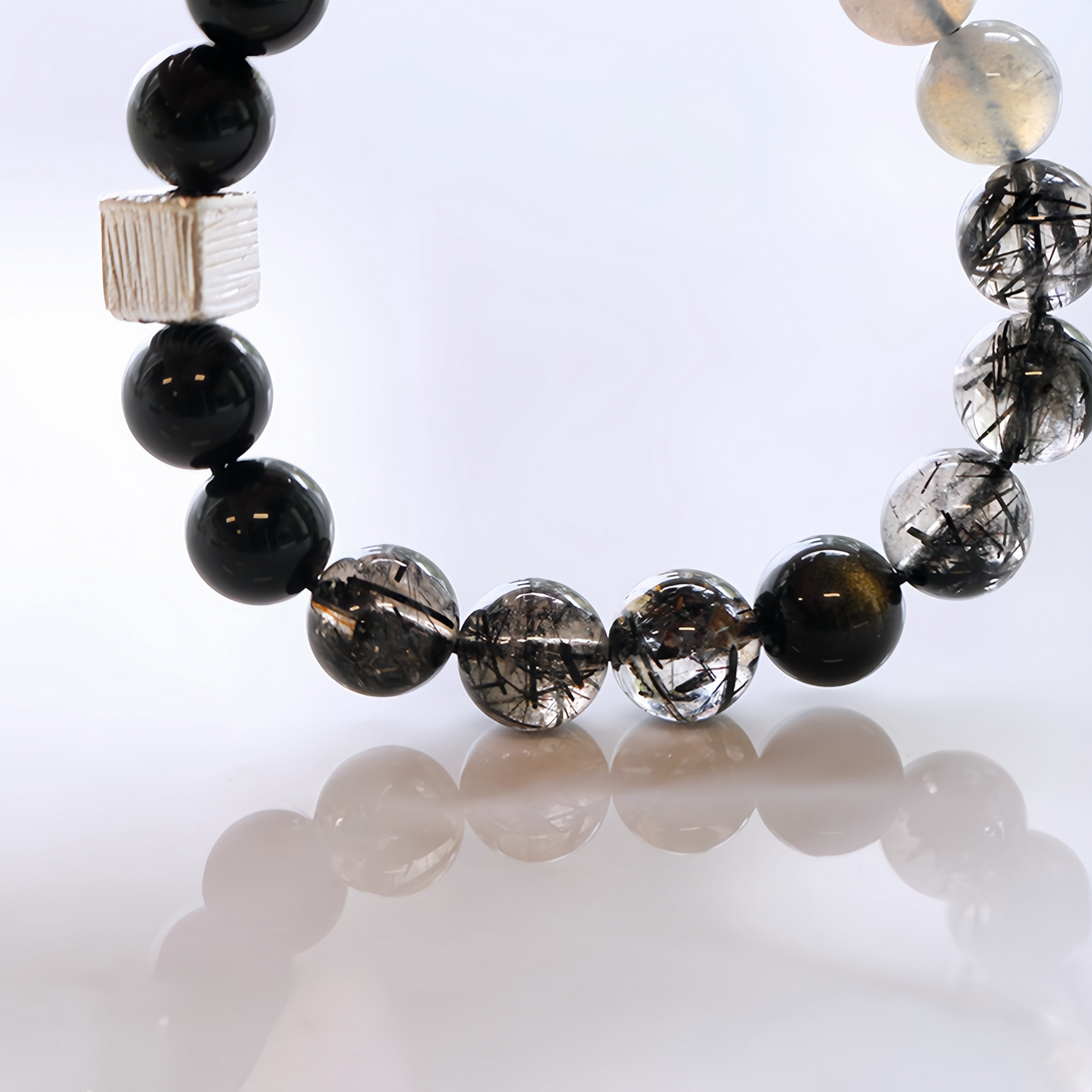 FanLin Couple's Collector-Grade Obsidian &amp; Black Rutilated Quartz Designer Bracelet-FanLin