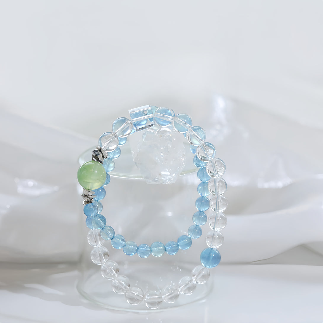 FanLin Designer "Summer Breeze" Aquamarine, Clear Quartz & Prehnite Double-Strand Bracelet-FanLin