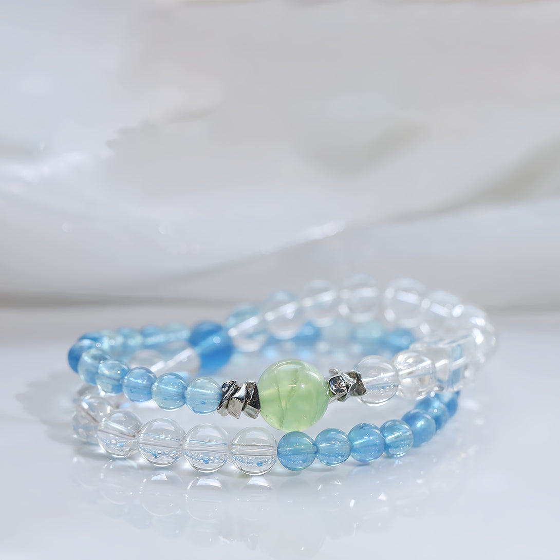 FanLin Designer "Summer Breeze" Aquamarine, Clear Quartz & Prehnite Double-Strand Bracelet-FanLin