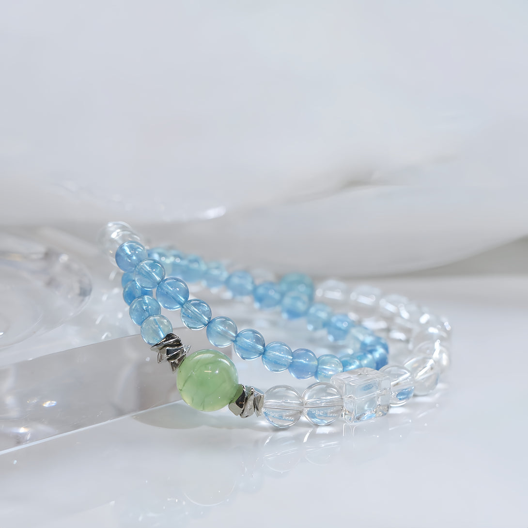 FanLin Designer "Summer Breeze" Aquamarine, Clear Quartz & Prehnite Double-Strand Bracelet-FanLin