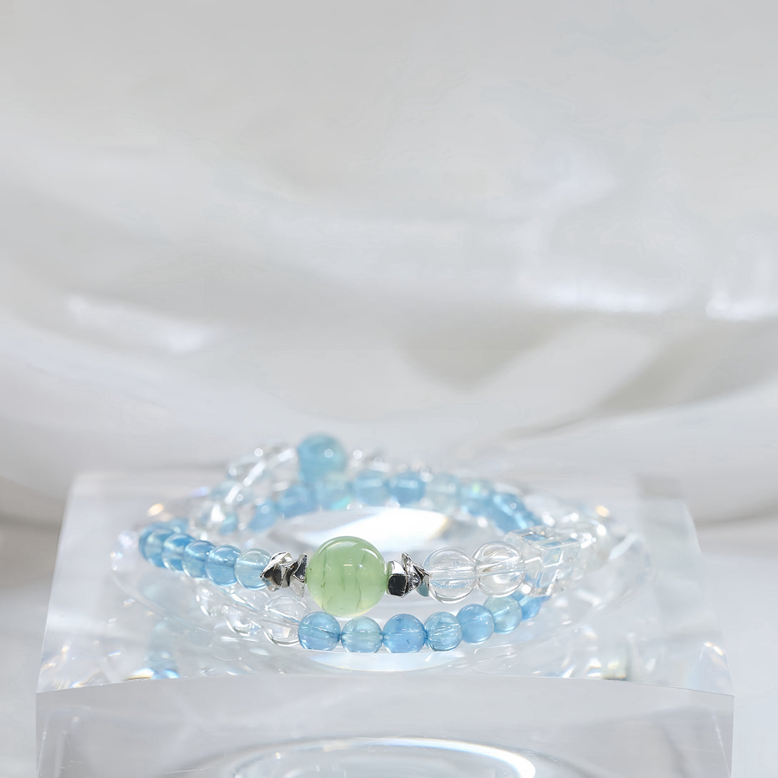 FanLin Designer "Summer Breeze" Aquamarine, Clear Quartz & Prehnite Double-Strand Bracelet-FanLin