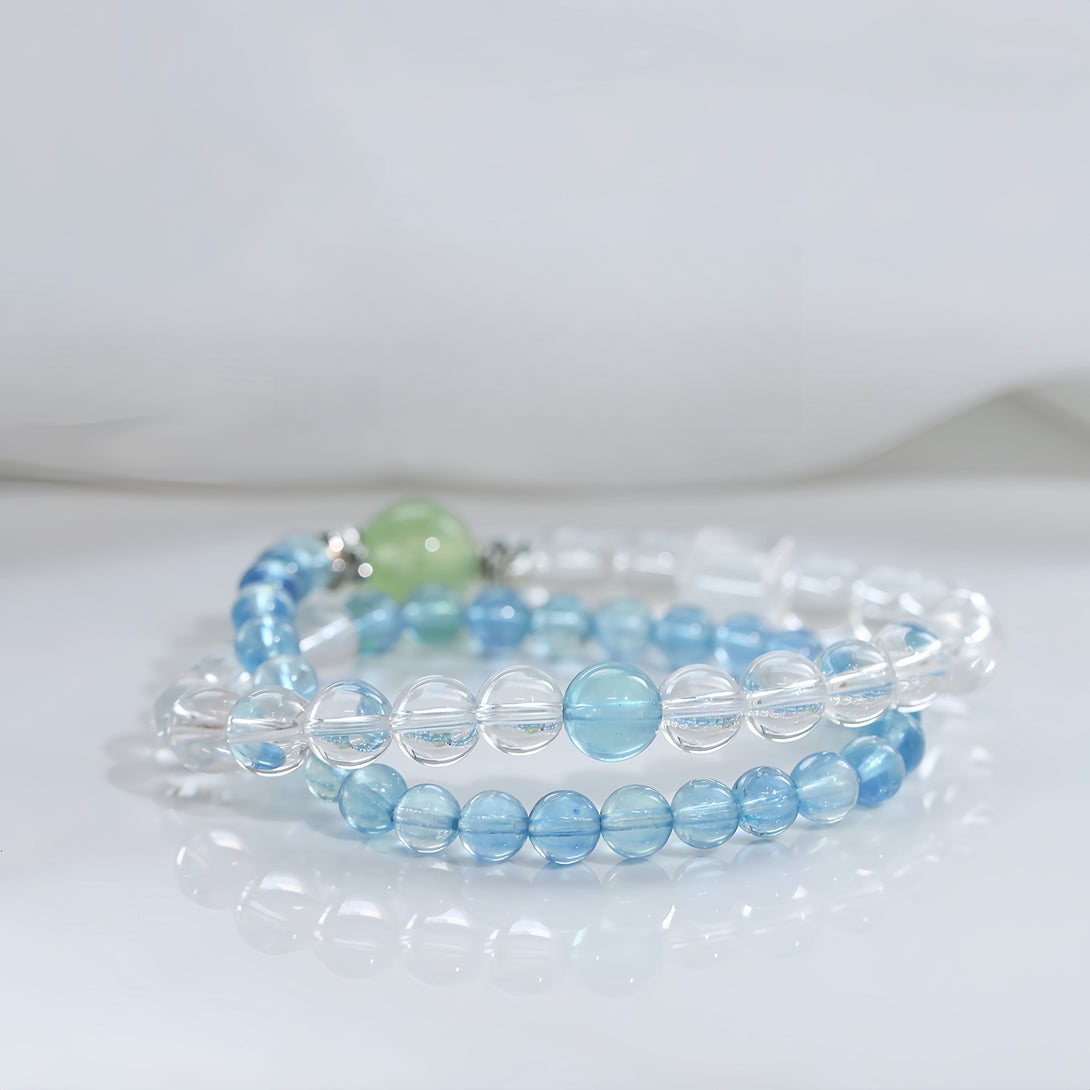 FanLin Designer "Summer Breeze" Aquamarine, Clear Quartz & Prehnite Double-Strand Bracelet-FanLin