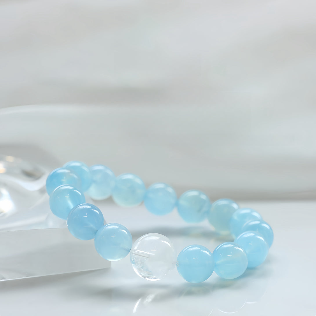 Designer "Mermaid's Tear" Sky Blue Cat's Eye Aquamarine & White Phantom Quartz Bracelet-FanLin