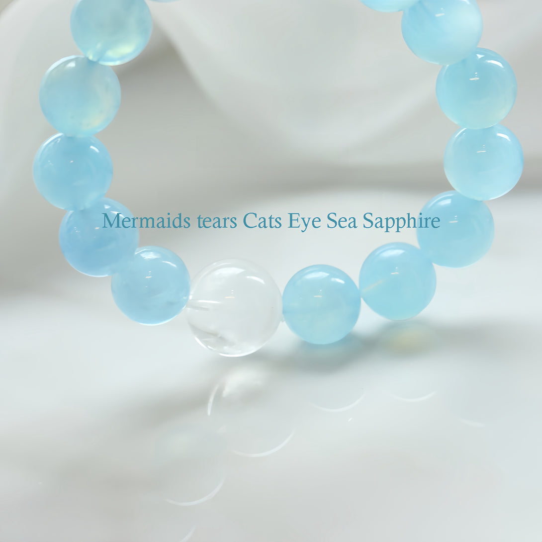 Designer "Mermaid's Tear" Sky Blue Cat's Eye Aquamarine & White Phantom Quartz Bracelet-FanLin