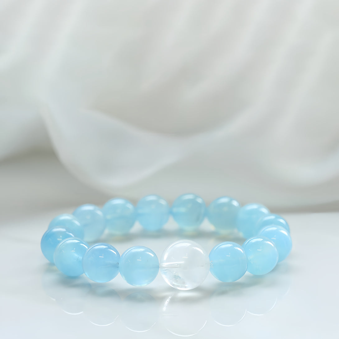 Designer "Mermaid's Tear" Sky Blue Cat's Eye Aquamarine & White Phantom Quartz Bracelet-FanLin