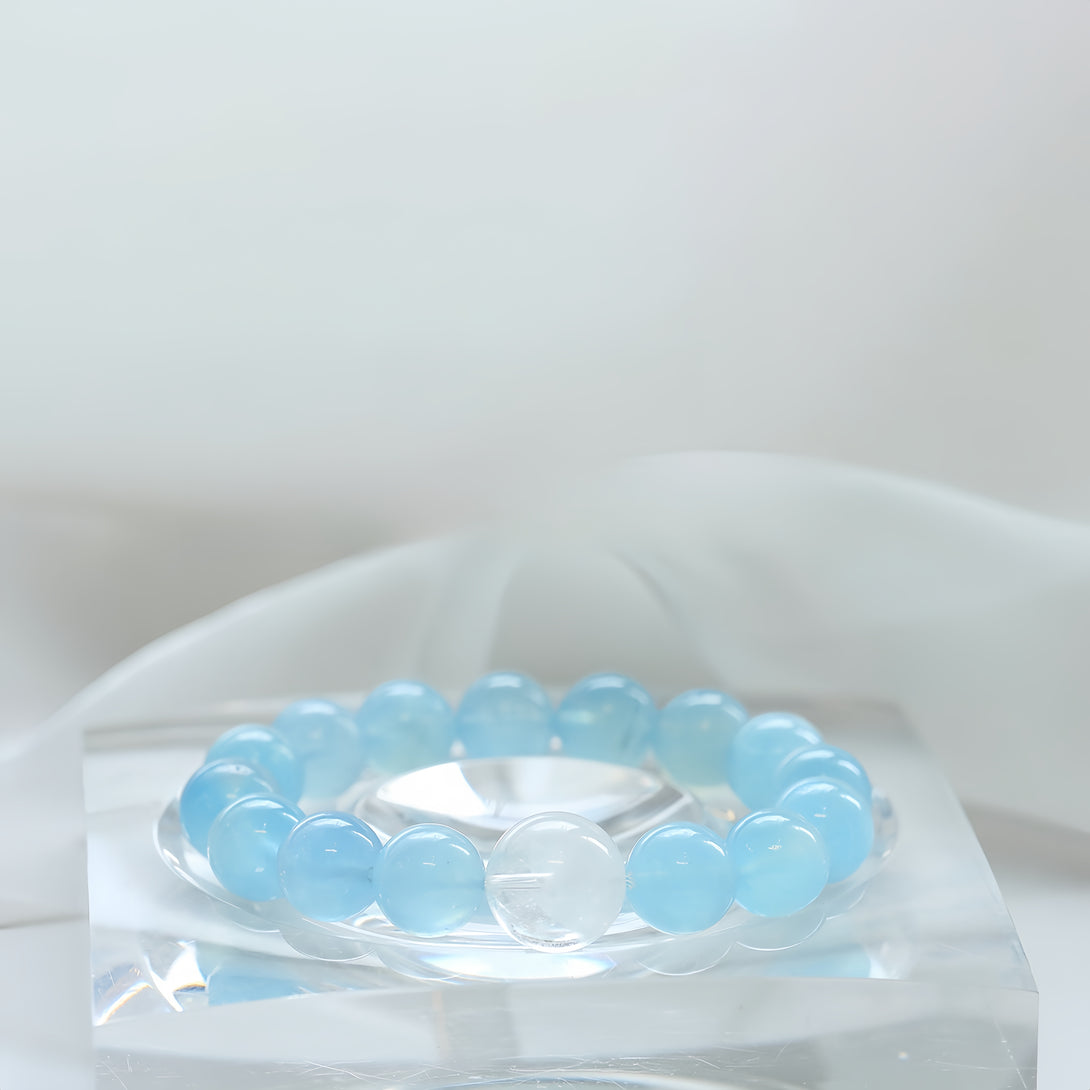 Designer "Mermaid's Tear" Sky Blue Cat's Eye Aquamarine & White Phantom Quartz Bracelet-FanLin