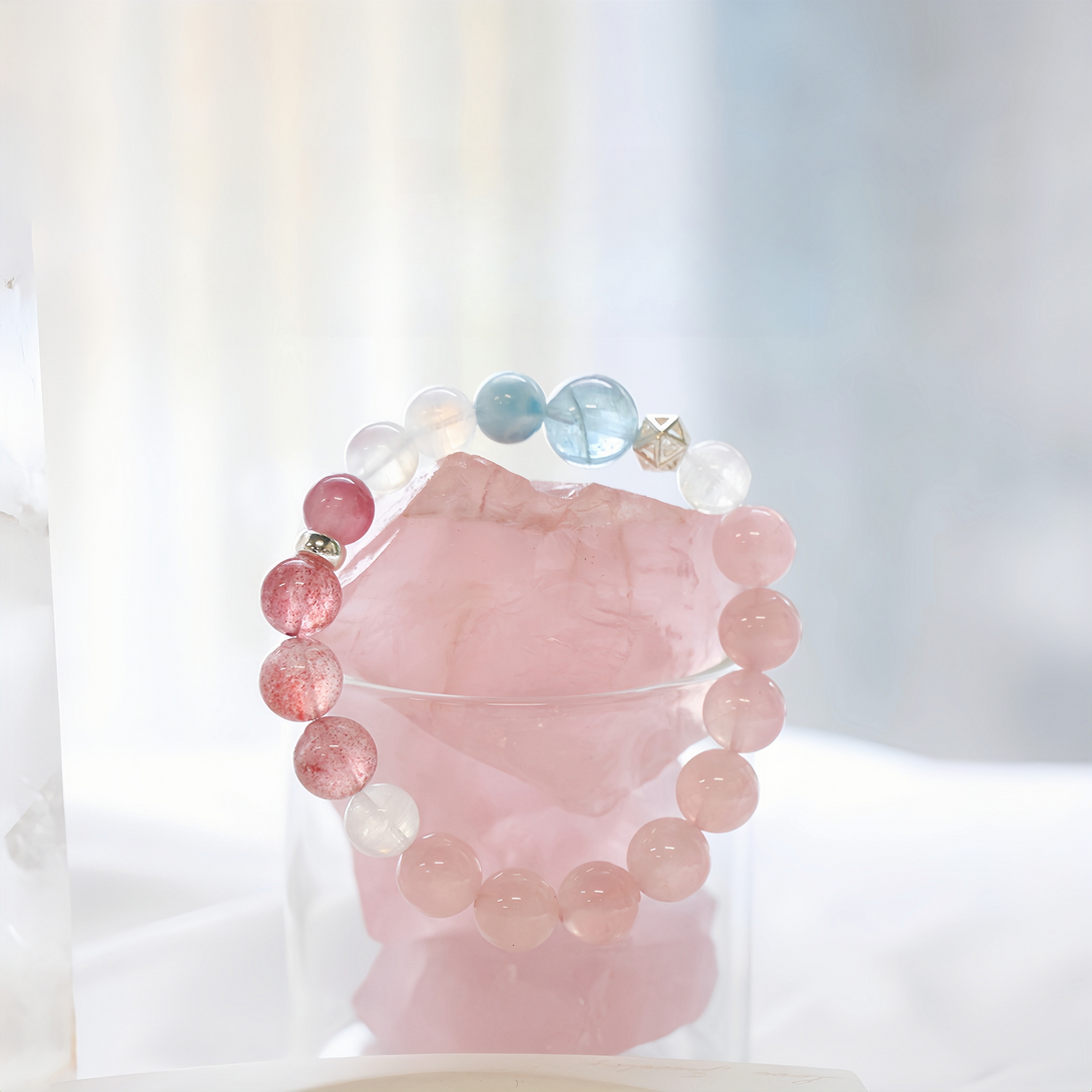 FanLin Designer Natural Aquamarine, Larimar, Moonstone, Pink Quartz & Strawberry Quartz Women's Bracelet-FanLin