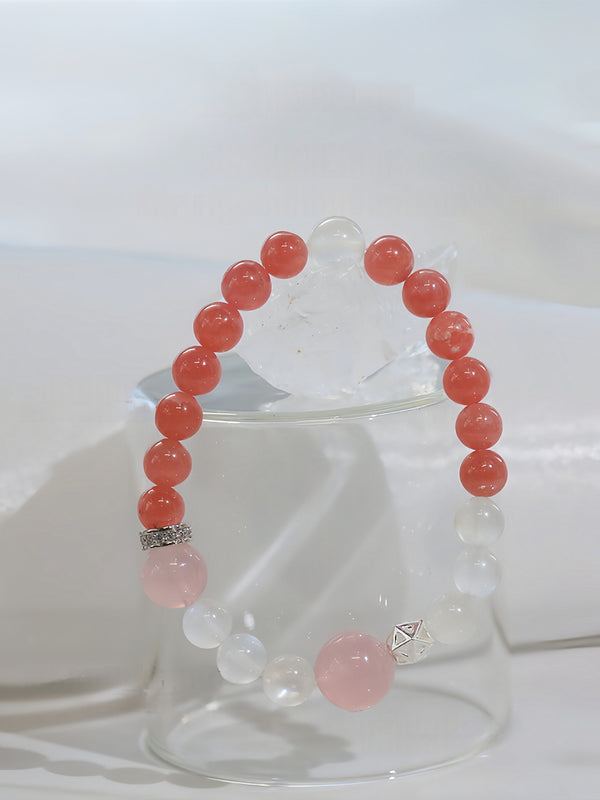 Natural Rhodonite, Moonstone & Madagascar Pink Quartz Bracelet