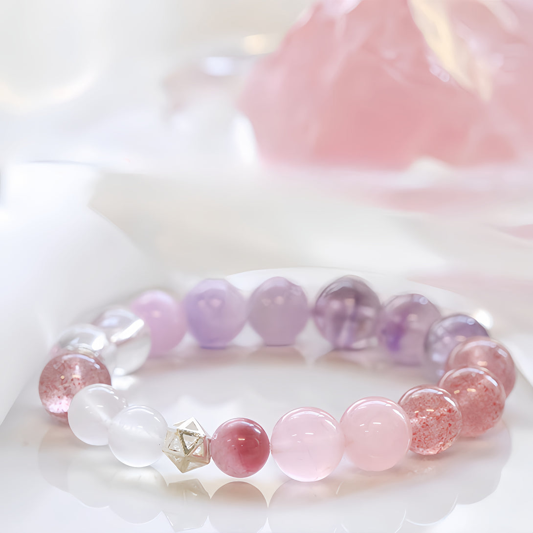 Designer Natural Pink Quartz, Tourmaline, Purple Super Seven & Strawberry Quartz Mixed Bracelet-FanLin