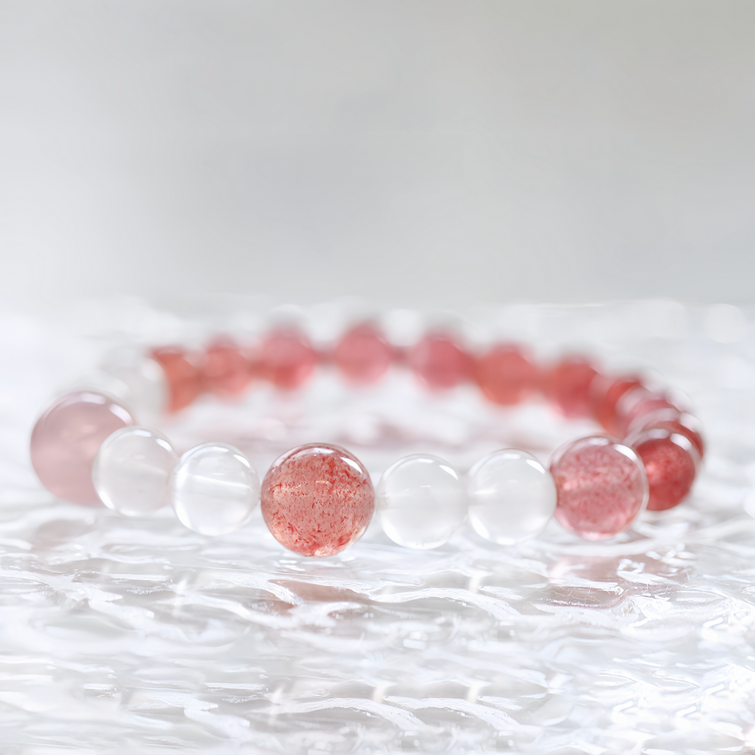 Natural Strawberry Quartz, Sri Lankan Moonstone & Pink Quartz Bracelet-FanLin