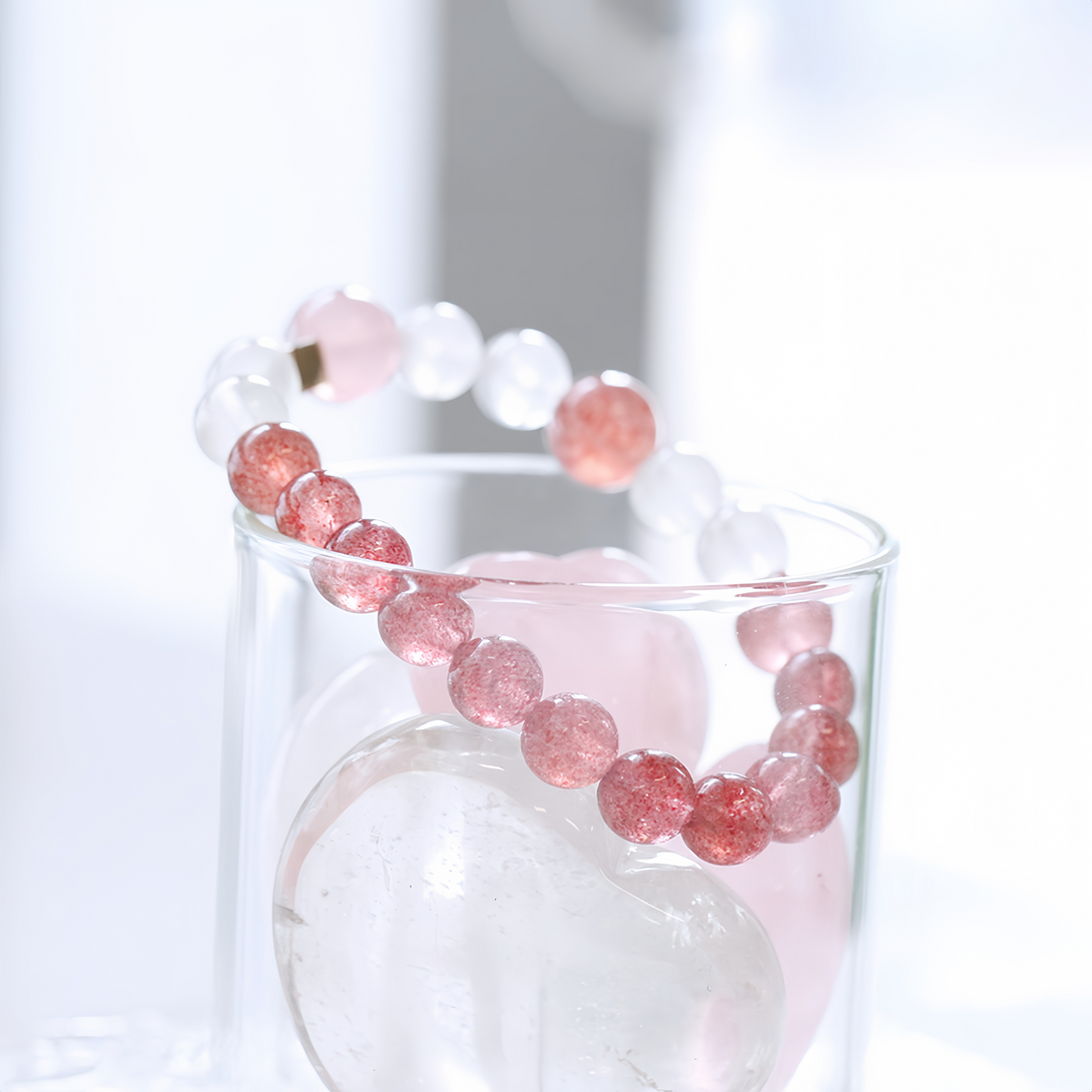 Natural Red Strawberry Quartz, Sri Lankan Moonstone & Pink Quartz Bracelet-FanLin