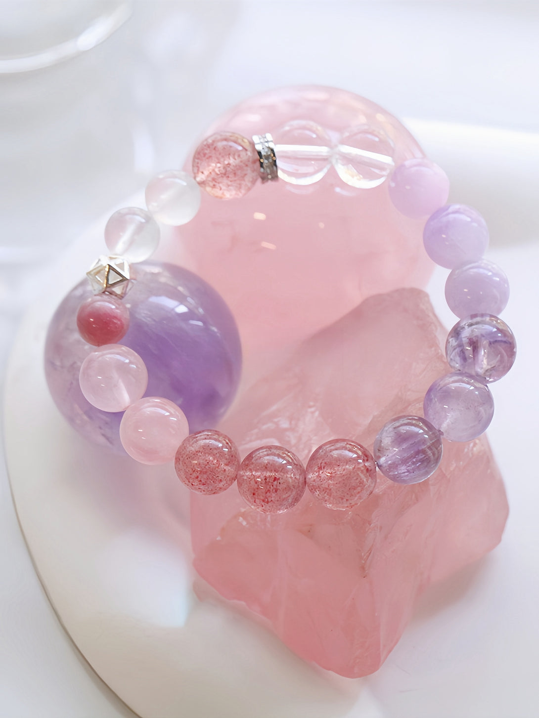 Designer Natural Pink Quartz, Tourmaline, Purple Super Seven & Strawberry Quartz Mixed Bracelet-FanLin