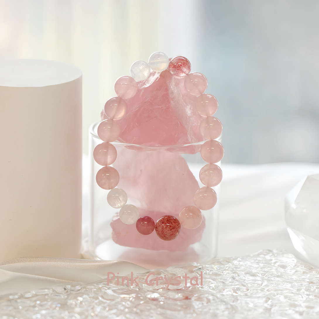 FanLin Designer Natural Madagascar Pink Quartz, Strawberry Quartz & Tourmaline Bracelet 10MM-FanLin