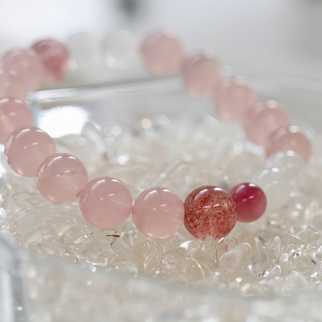 FanLin Designer Natural Madagascar Pink Quartz, Strawberry Quartz & Tourmaline Bracelet 10MM-FanLin