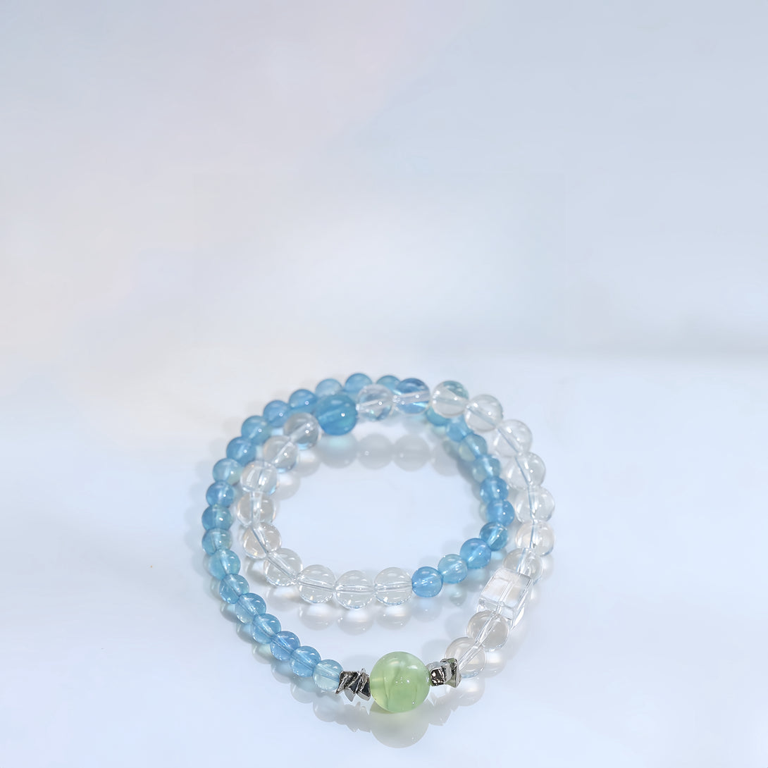 FanLin Designer "Summer Breeze" Aquamarine, Clear Quartz & Prehnite Double-Strand Bracelet-FanLin