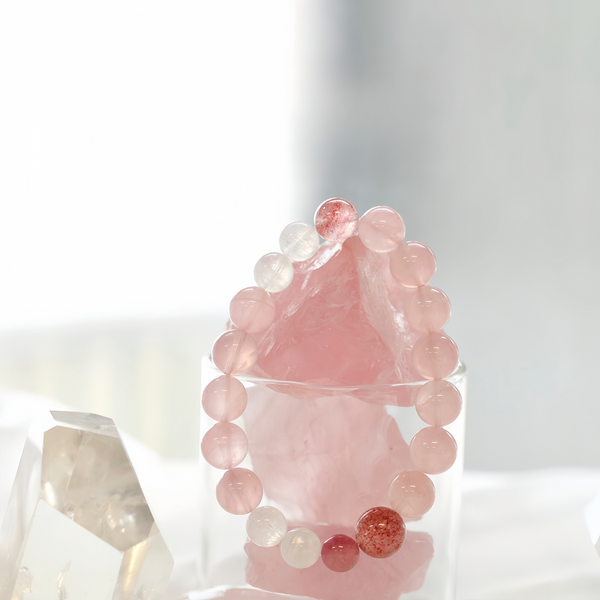 FanLin Designer Natural Madagascar Pink Quartz, Strawberry Quartz & Tourmaline Bracelet 10MM-FanLin